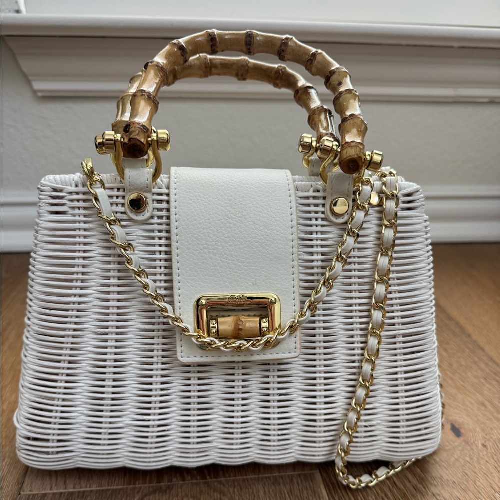 White Wicker Lily Pulitzer Bamboo-Handle Crossbody Bag